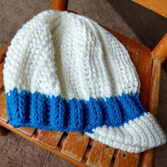White Slouchy Hat with a Brim blue band crochet handmade OSFM ready to ship